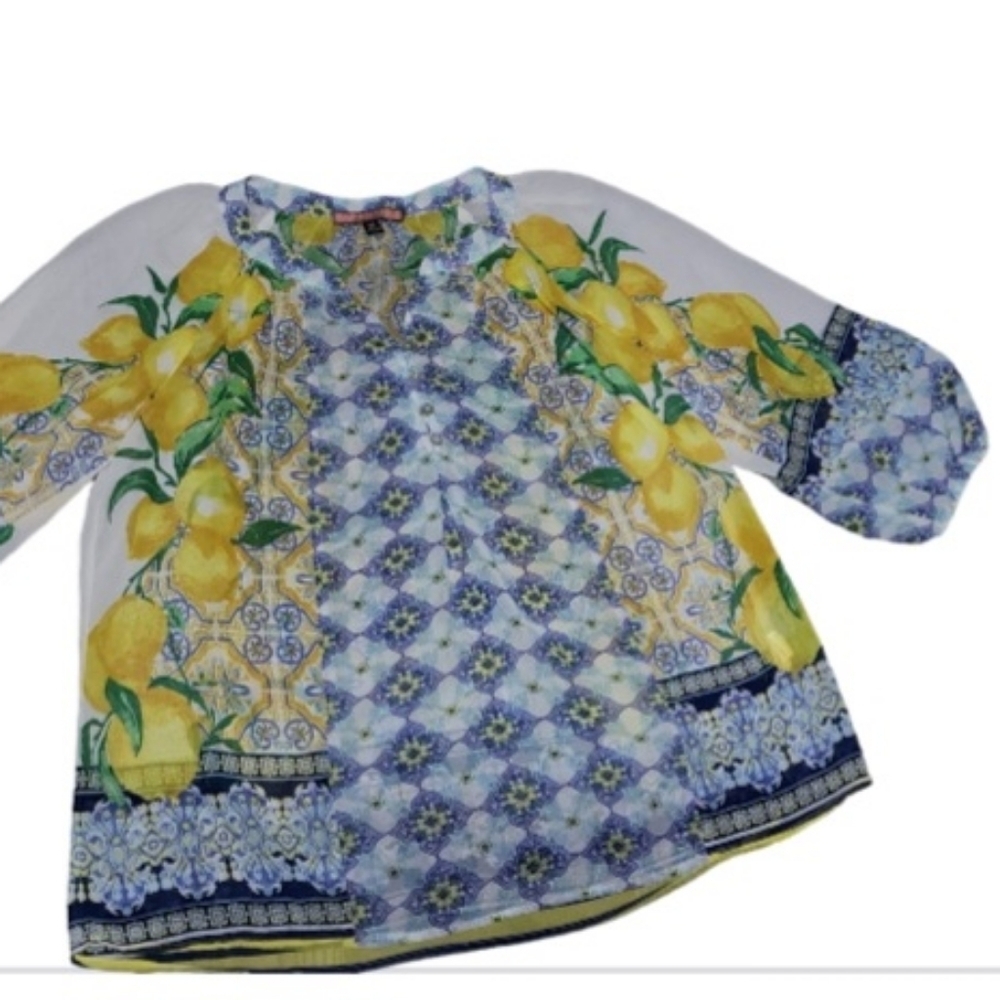 Olive Hill Sheer Blouse Multicolor with Lemons 3/4 Sleeve Medium Casual Vacation